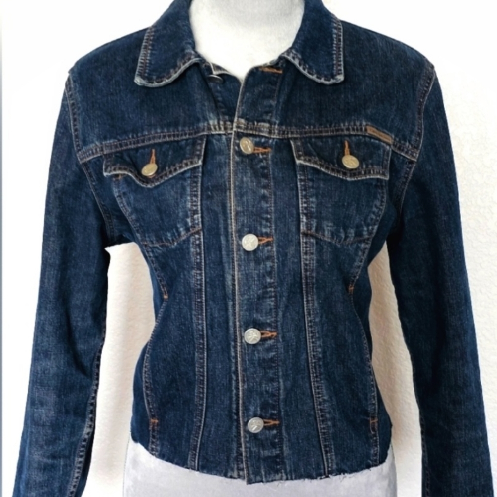 Calvin Klein Women’s Dark Wash Denim Jean Jacket with Raw Edge